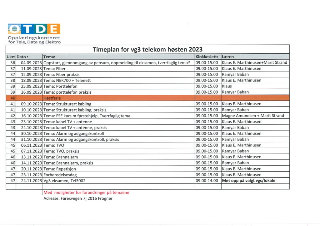 Timeplan for vg3 telekom høsten 2023