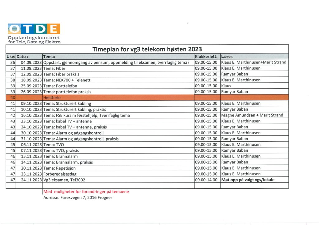 Timeplan for vg3 telekom høsten 2023